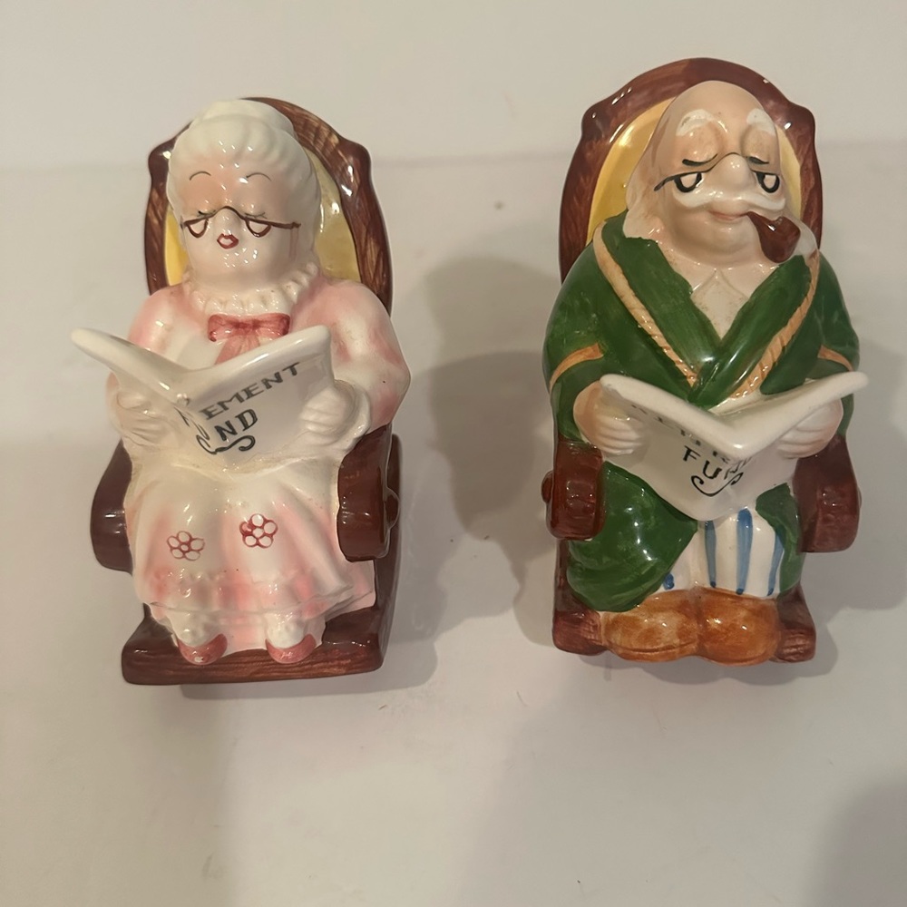 Vintage set of 2 Lefton 1950’s Ceramic Retirement Fund Rocking Chair Piggy Bank